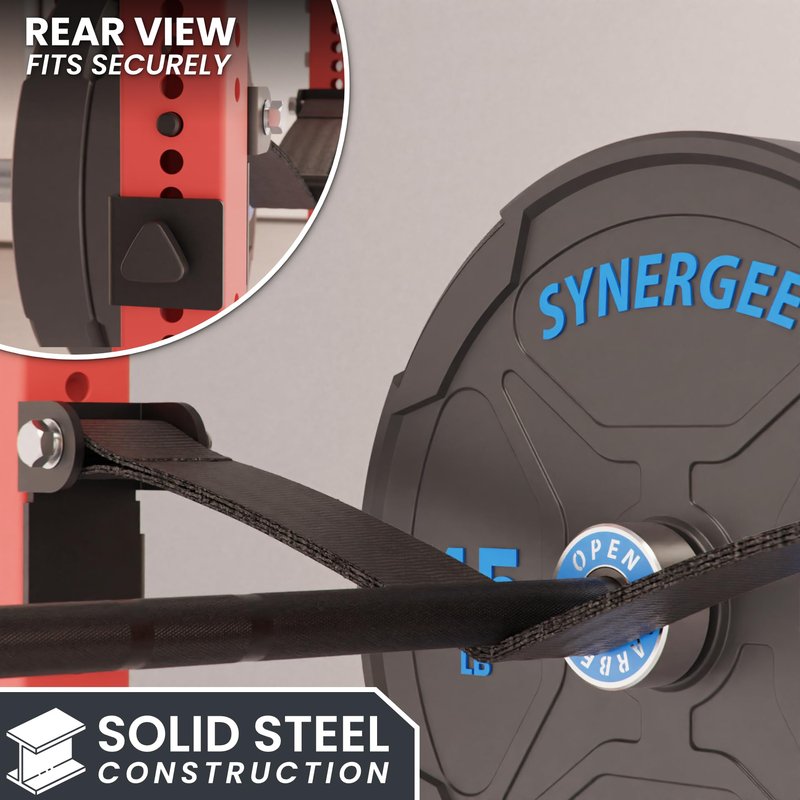 Synergee Safety Straps for 3x3 Power Racks – 29" Max Inside Depth – 750 lb Capacity Barbell Catch Straps with Quick-Mount Brackets & 5/8"–1" Hole Converters