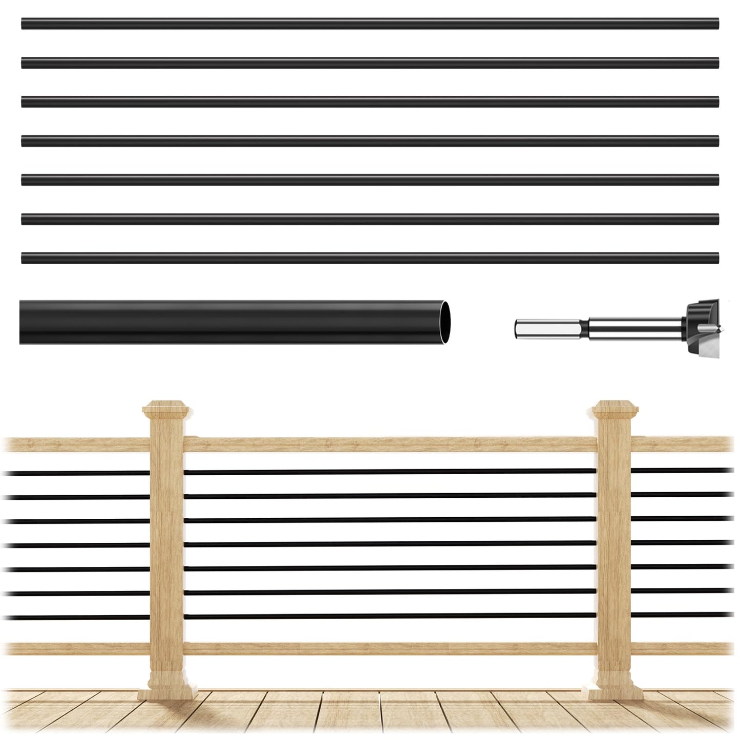 7 Pack 4.7 FT x 19/32 inch Aluminum Balusters for Deck Railing, Horizontal Stair Baluster with Wood Drill Bit Hollow Round Black Staircase Bar Spindles for Indoor Outdoor Railing
