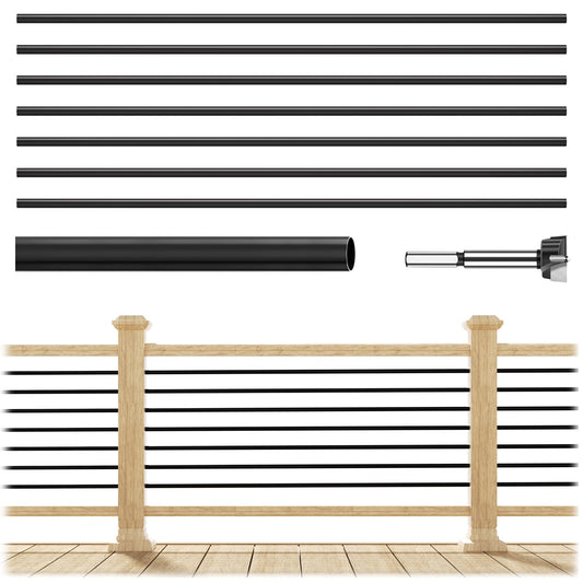 7 Pack 4.7 FT x 19/32 inch Aluminum Balusters for Deck Railing, Horizontal Stair Baluster with Wood Drill Bit Hollow Round Black Staircase Bar Spindles for Indoor Outdoor Railing