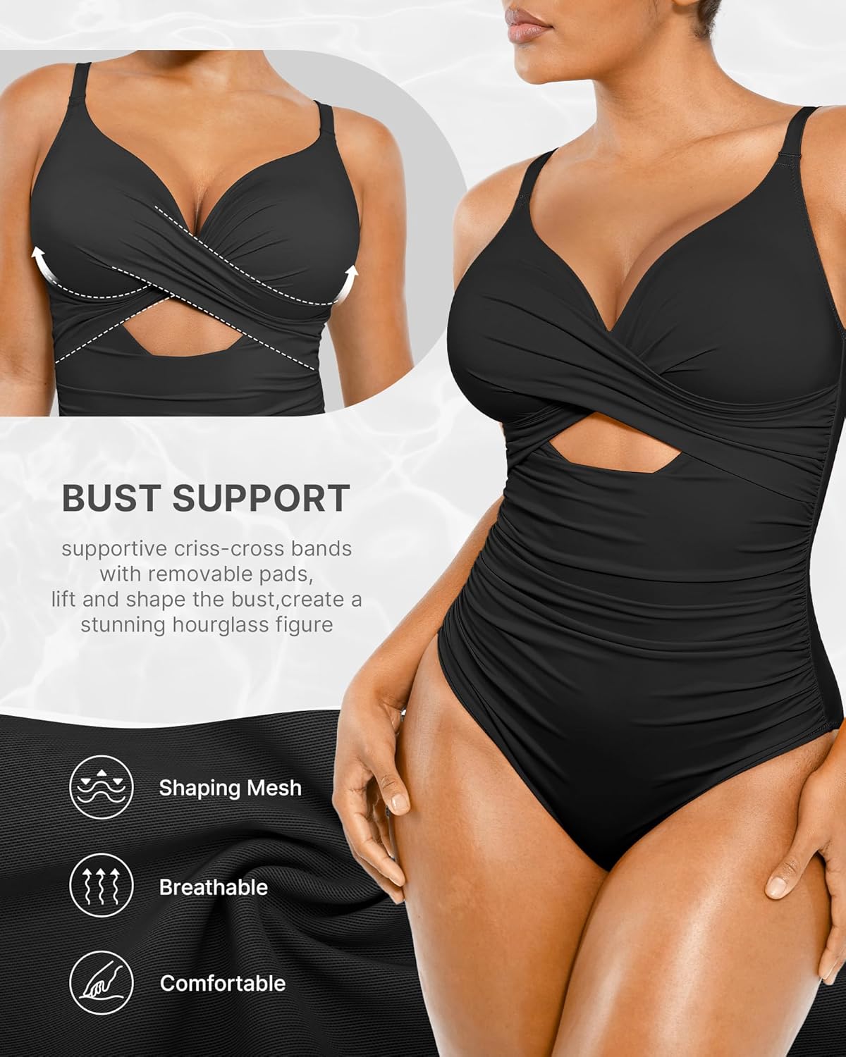 SHAPELLX Tummy Control One-Piece Swimsuit - V Neck, Ruched Design, Slimming Fit with Built-In Bra