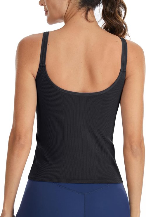 ATTRACO Ribbed Workout Tank Top - Built-In Bra Yoga U Back Crop Top for Women | Tight Fit Gym Wear
