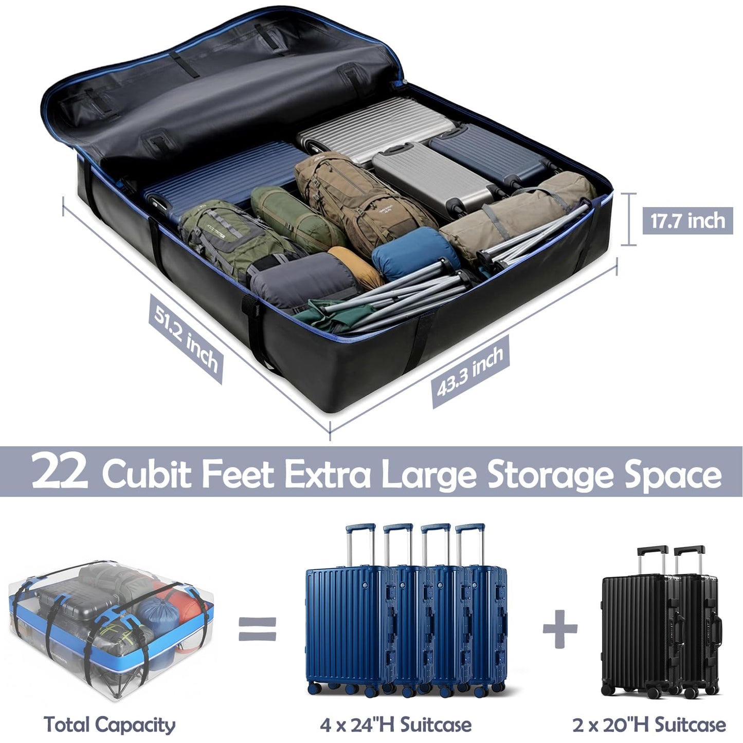 MD MADOATS Rooftop Cargo Carrier, 22 Cubic Ft Car Roof Cargo Carrier for All Vehicles, 840D Waterproof Car Top Carrier with Anti-Slip Mat, 6 Hooks, Storage Bag,Zipper Lock for Tripping & Moving - Blue