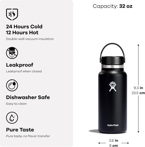 Hydro Flask Water Bottle - Insulated Stainless Steel, Wide Mouth Flex Lid - 32 Oz Black, Leakproof & Refillable