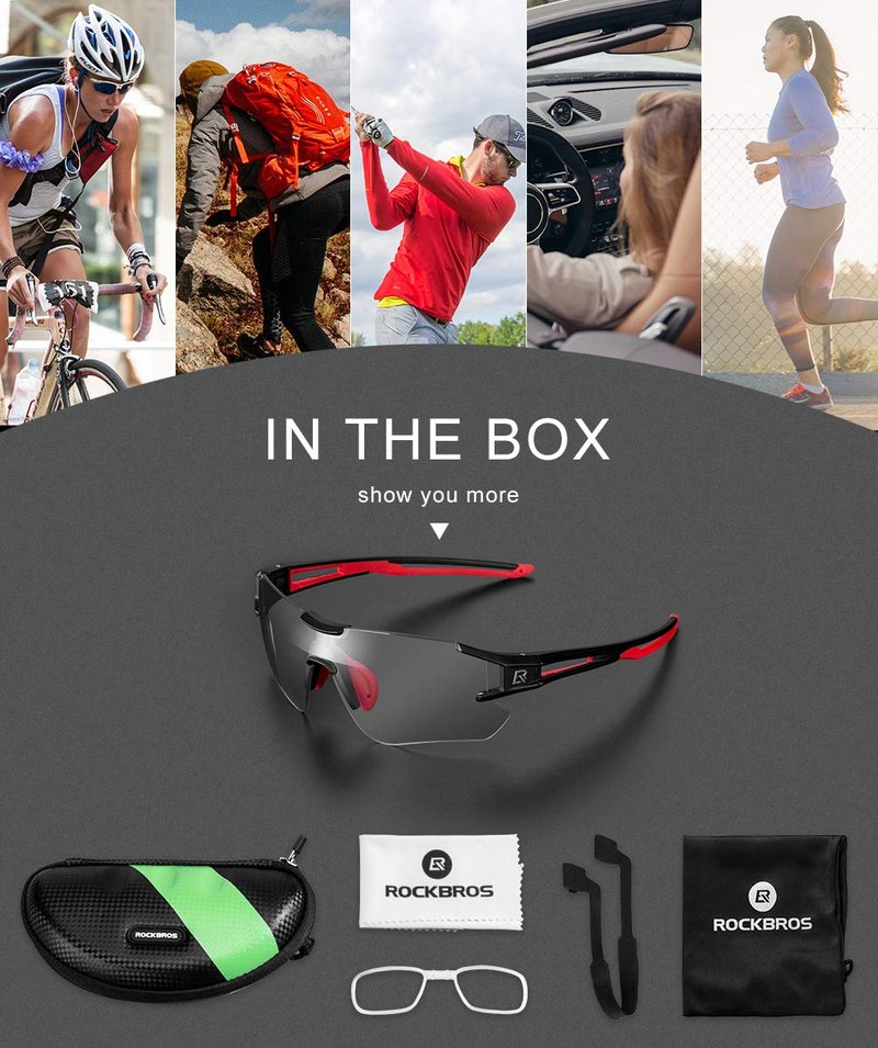 RockBros Cycling Sunglasses Photochromic Bike Glasses for Men Women Sports Goggles UV Protection, Black Red, regular