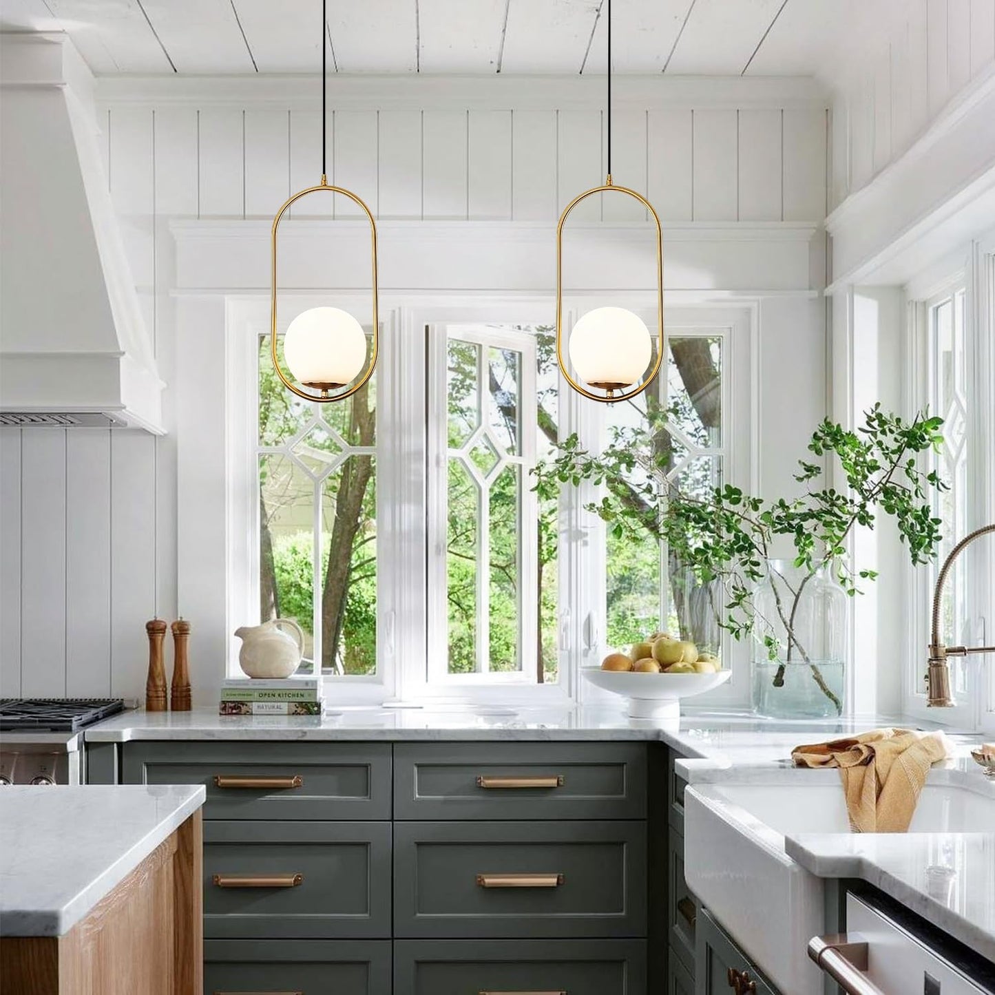 BOKT Modern 1-Light Large Globe Pendant Light Fixture Mid Century Brass Gold White Glass Pendant Lighting Kitchen Island Minimalist Round Ceiling Hanging Pendant Lamp (White-Large)