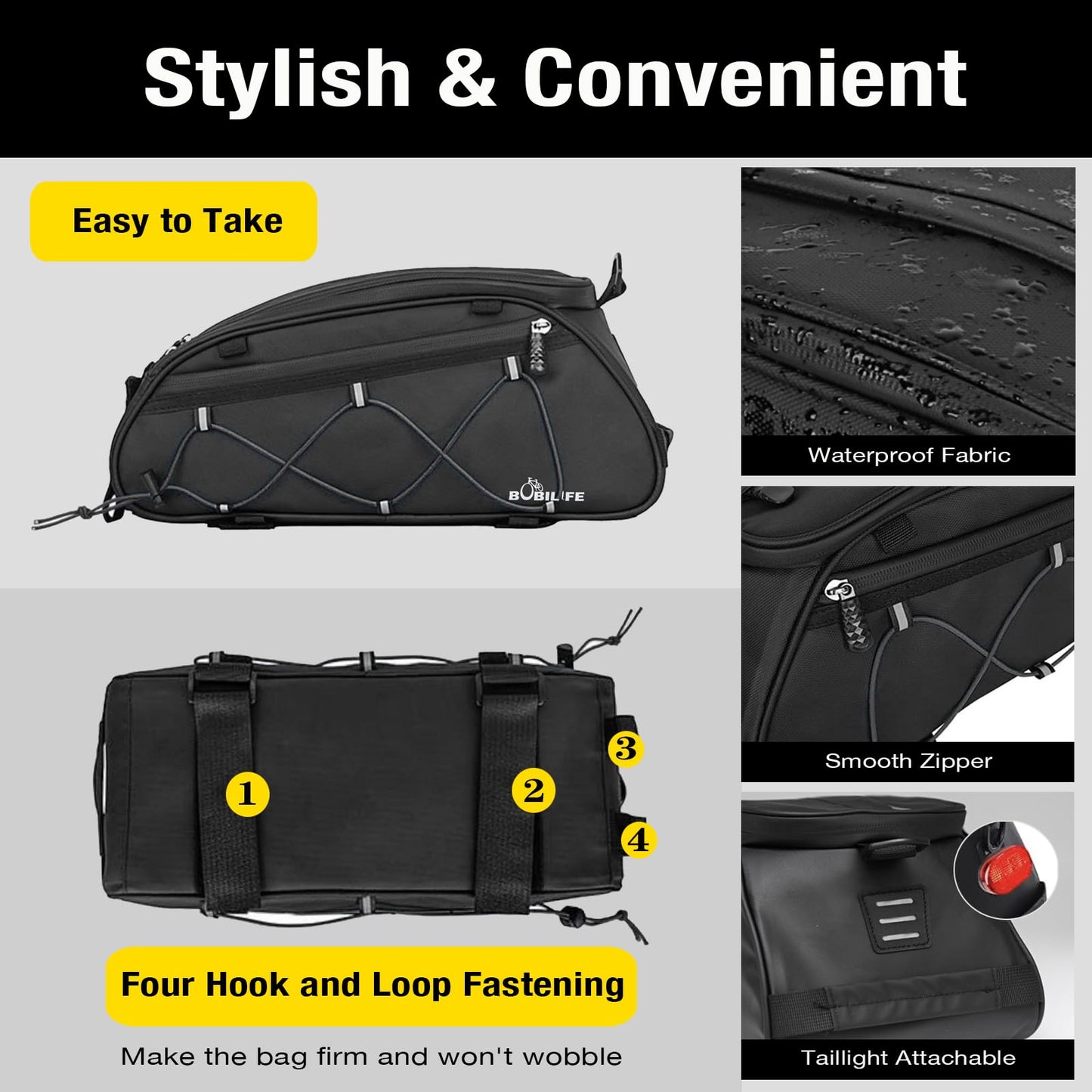 BOBILIFE Bike Rear Rack Insulated Trunk Bag - 10L Large Capacity Waterproof Bicycle Travel Expedition Back Rack Seat Cargo Carrier Bag for Bicycle, E-Bike and Motorcycle