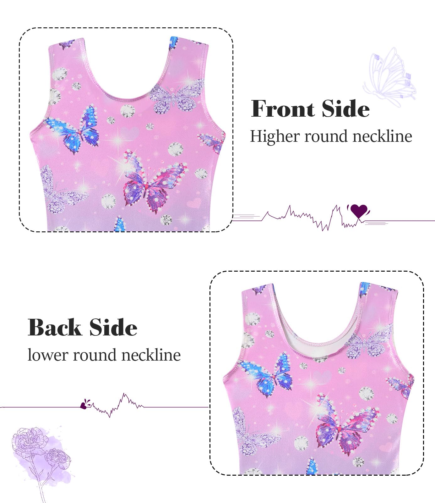 Vogseek 4-5T Girls Gymnastics Leotards with Hair Scrunchie Sparkle Dance Biketards Purple Butterfly's Activewear with Shorts for Kid Cute Tumbling Dance Outfit, Purple Shiny