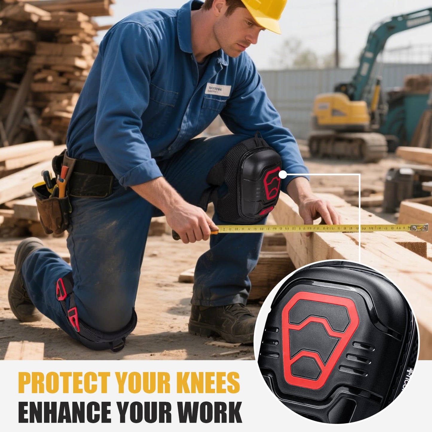 TICONN Gel Knee Pads for Work, Professional Heavy Duty Work Knee Pads for Men with Soft Foam and Gel Cushion for Men Construction, Garden, Flooring (Black/Red)