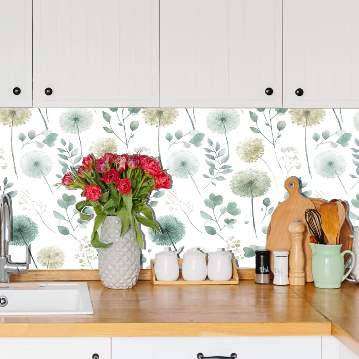 Wookmmy Sage Green Leaf Dandelion Peel and Stick Wallpaper Modern Botanical Eucalyptus Contact Paper Removable Waterproof Self Adhesive Wallpaper for Bedroom Bathroom Cabinets Farmhouse 17.7"x78.7"