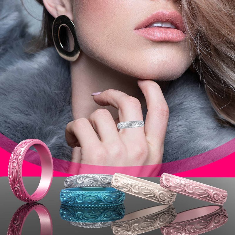 Zollen Silicone Wedding Rings for Women 4 Packs -Metallic Stackable Silicone Rubber Wedding Bands - Innovative Vine Collection, Size 8
