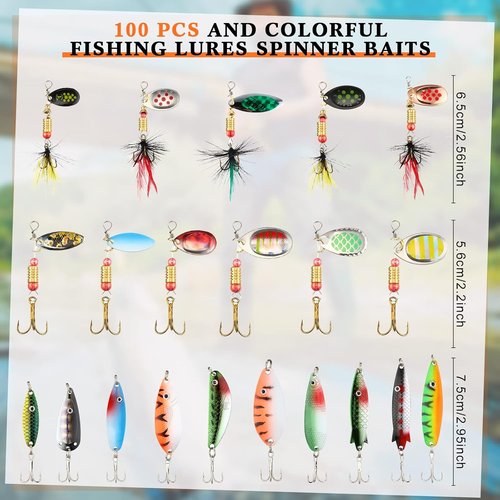 100 Pcs Fishing Lures Kit - Metal Spinner Baits for Trout, Salmon, Bass | Includes 4 Tackle Boxes