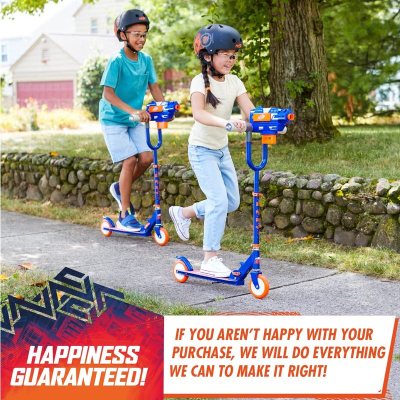 SKIDEE Kick Scooter for Kids, Dual Barrel Blaster Fires Up to 40 Feet, Supports Up to 150lbs, Rear Brake, Sturdy Steel Frame, Wide Surface Textured Molded Deck, Outdoor Activities for Boys/Girls