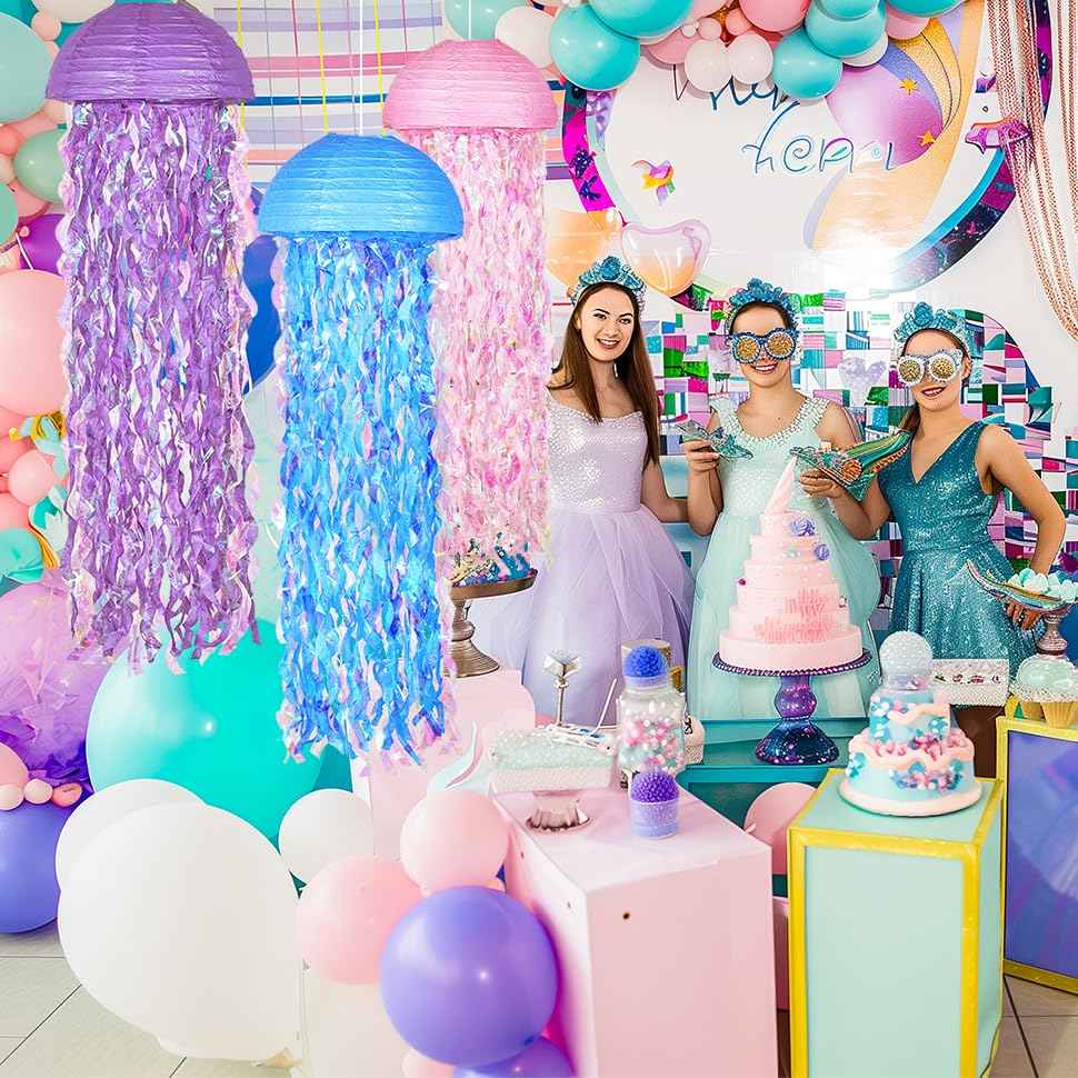OBXT 10" Mermaid Jellyfish Lanterns – Pink Purple Blue Decorations for Mermaid Birthday Party, Under The Sea Theme, Baby Shower, Ocean & Beach Room Hanging Decor (Set of 6)
