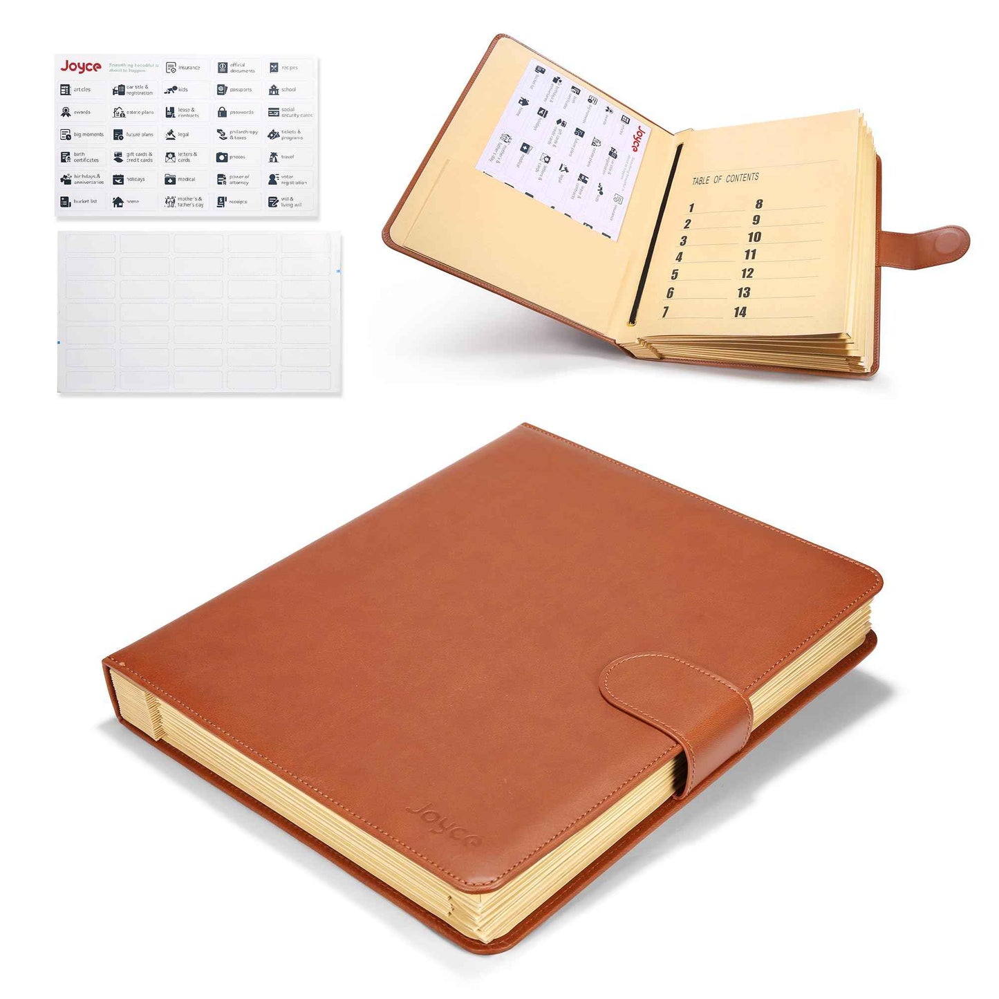 JOYCE Important Document Organizer, Life File Manager with Labels, for Managing Letters, Photos, Birth Certificates, Social Security Cards, Passport, Ring Binder (Brown Leather)