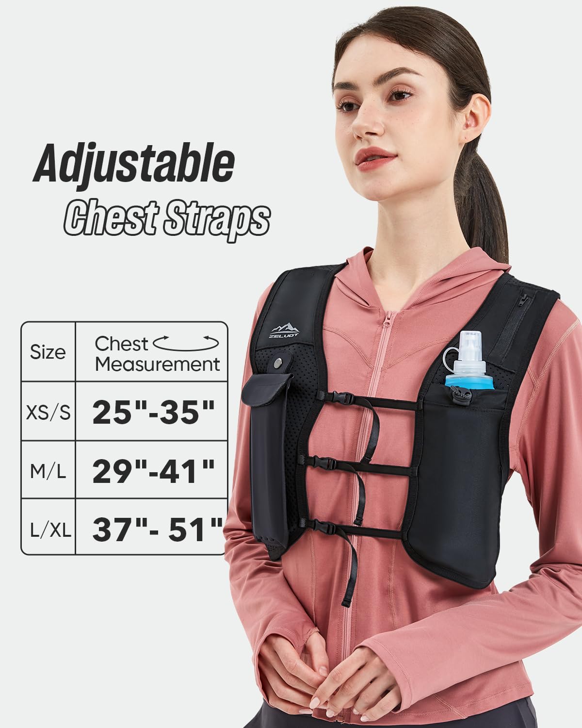 Zelvot Running Vest for Women Men, USA Original Patent, Adjustable Chest Straps Running Hydration Vest with 500ml Soft Flask, Breathable Reflective Hydration Backpack for Hiking (Pink, M/L)