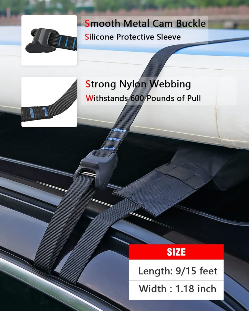 WONITAGO Premium 'No Scratch' Silicon Tie Down Cam Straps for Surfboards, Kayaks, SUP Paddleboards, Canoes, Snowboards 9ft (Pair)