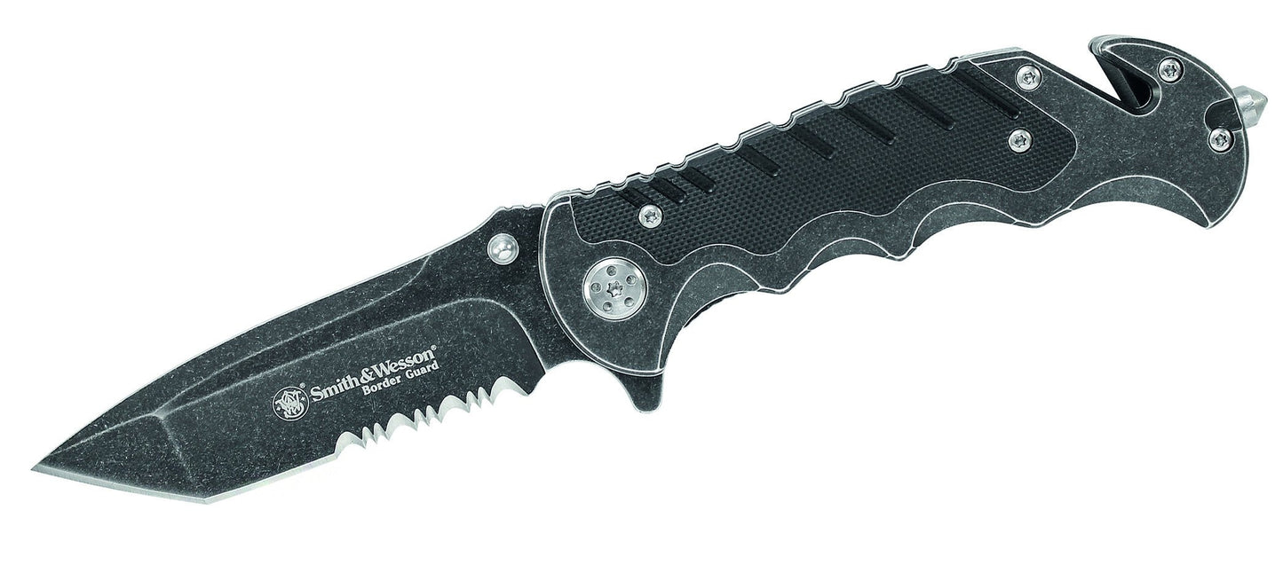 SMITH & WESSON Border Guard SWBG10S 8.3in High Carbon S.S. Folding Knife with 3.5in Serrated Tanto Blade and Aluminum Handle for Outdoor, Tactical, Survival and EDC, Black