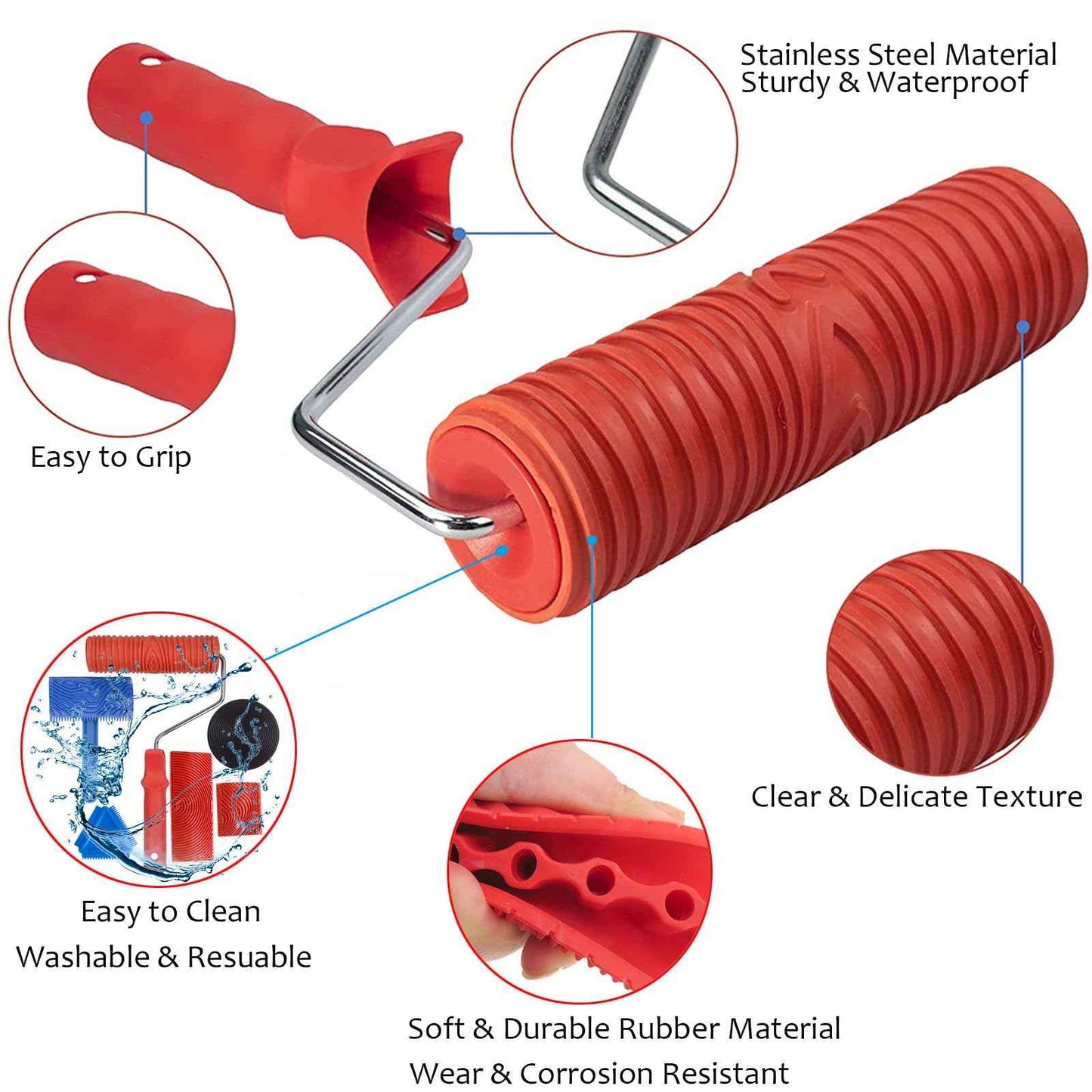 Wood Graining Tool Set, 6pcs 7" Fake Wood Grain Roller Rubber Graining Tool Paint Look Like Wood DIY Painting Tool with Handle for Walls Room Art Paint Decoration