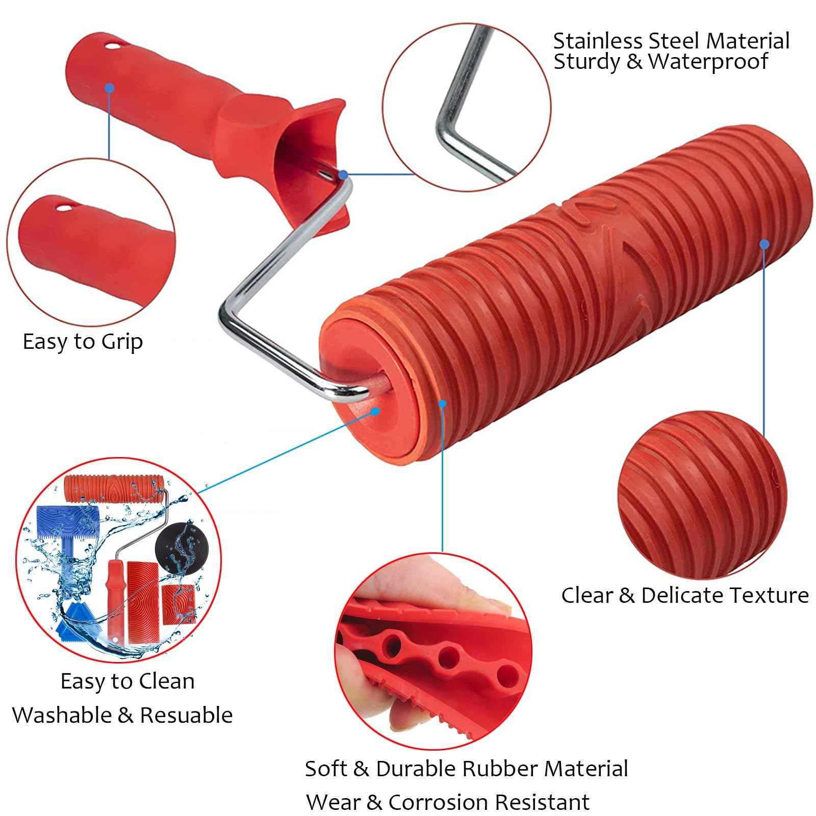 Wood Graining Tool Set, 6pcs 7" Fake Wood Grain Roller Rubber Graining Tool Paint Look Like Wood DIY Painting Tool with Handle for Walls Room Art Paint Decoration