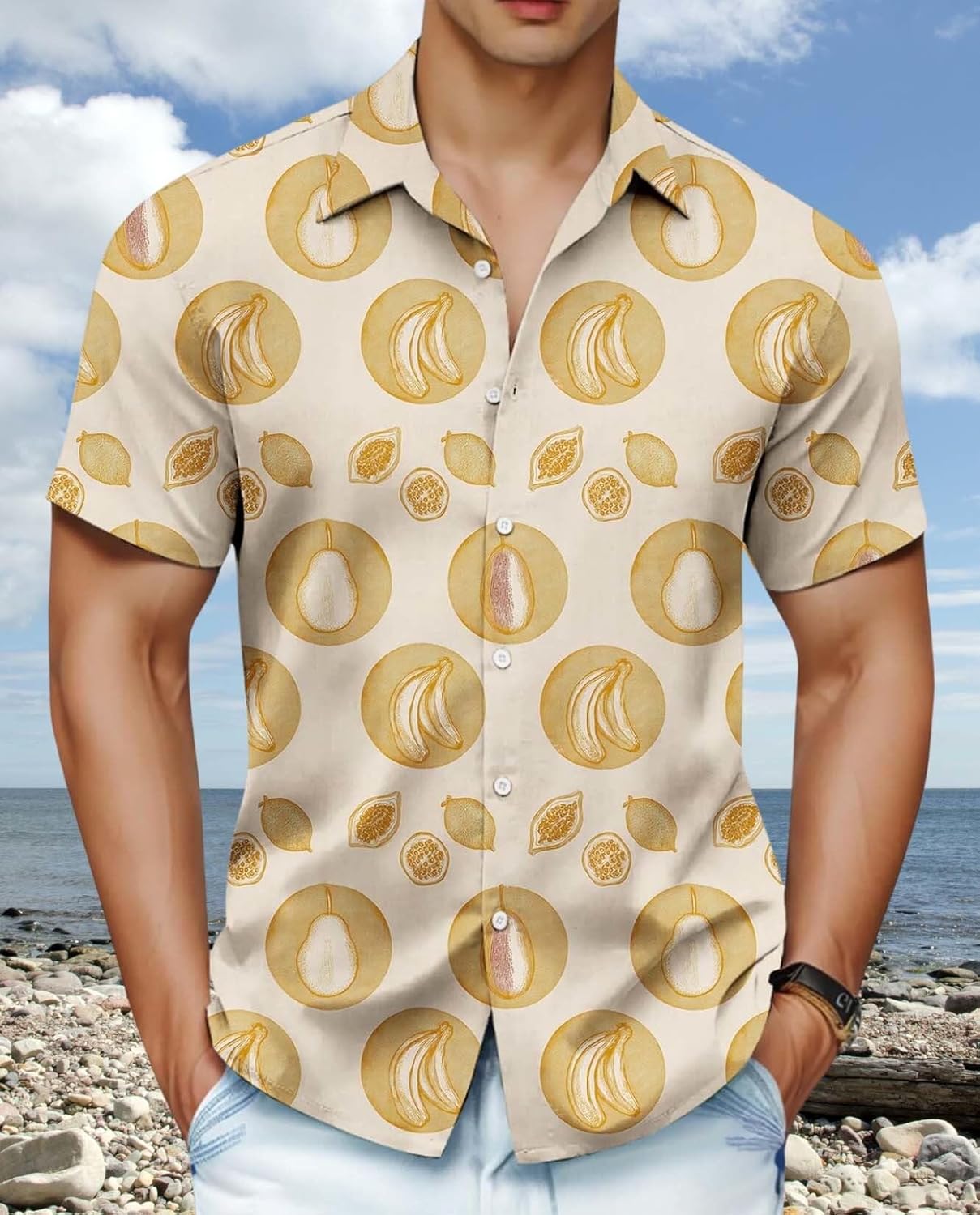 Skiennix Men's Hawaiian Shirt - Unique Fruit Print for Summer Vacation | Tropical Button-Up Tee