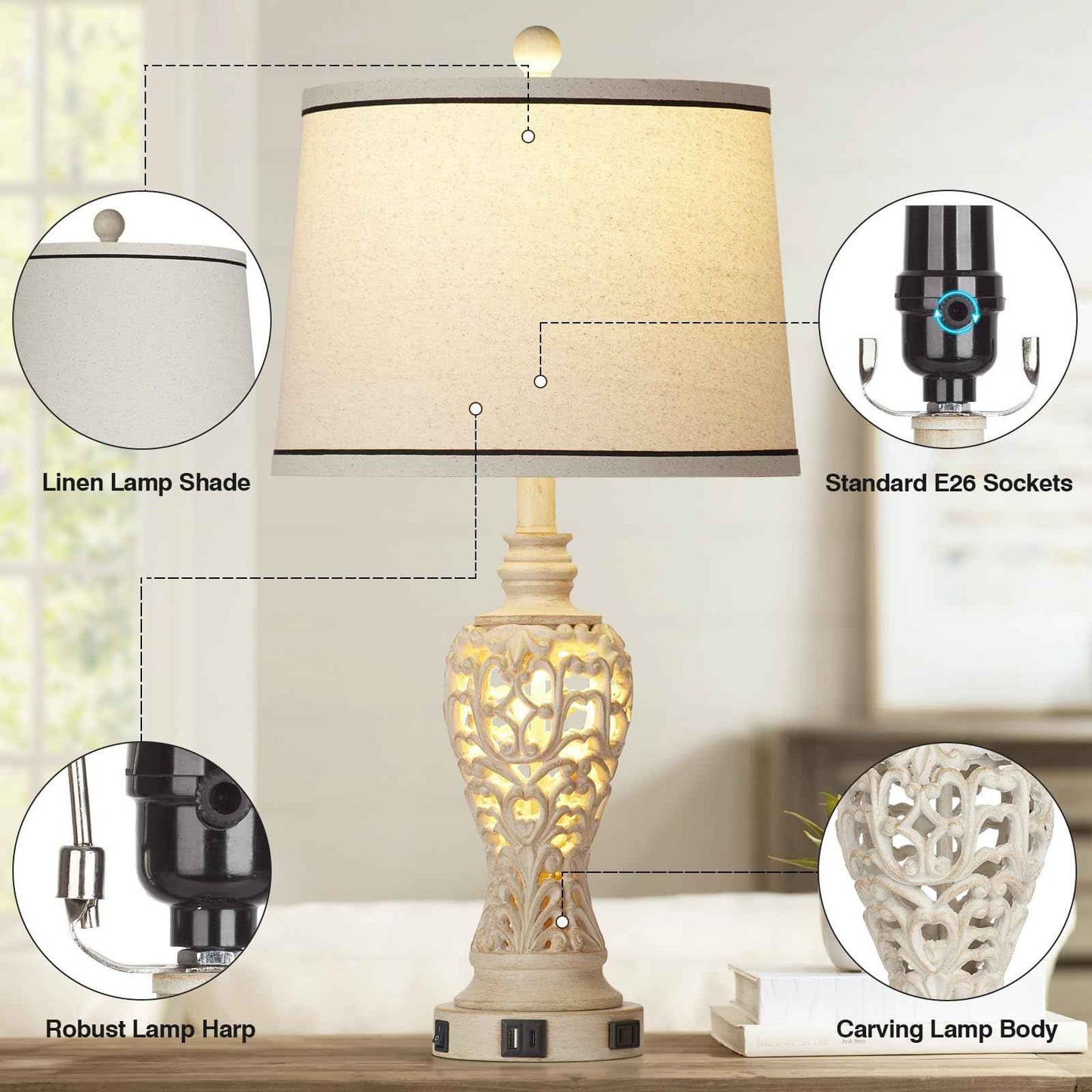 Rinweey Table Lamps Set of 2, Farmhouse Table Lamps with Nightlight, Rustic Bedside Lamps with Dual USB & AC Outlet, 25.2'' Beige Vintage Nightstand Lamps for Bedroom Living Room, Bulbs Included