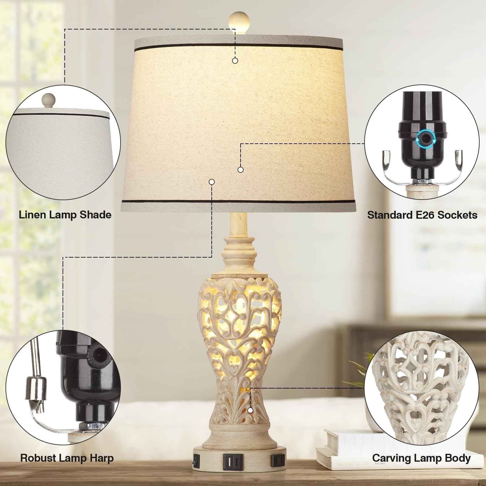 Rinweey Table Lamps Set of 2, Farmhouse Table Lamps with Nightlight, Rustic Bedside Lamps with Dual USB & AC Outlet, 25.2'' Beige Vintage Nightstand Lamps for Bedroom Living Room, Bulbs Included