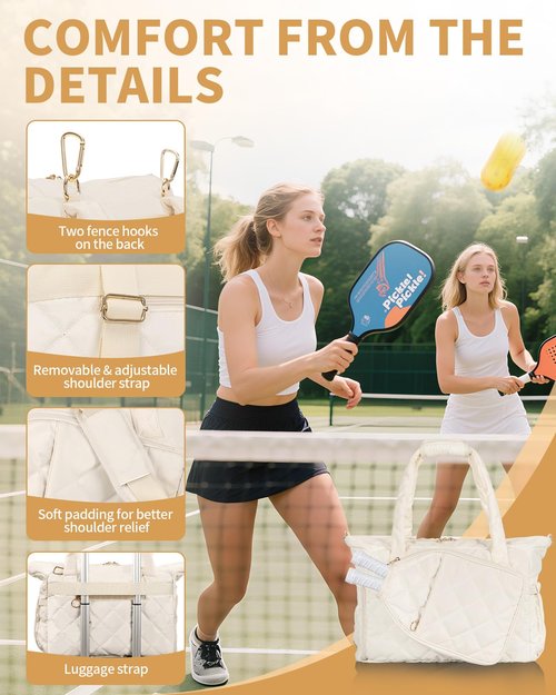ESTARER Pickleball Bag, Pickleball Tote Bag with Shoe Compartment for Women Large Pickle ball Paddle Storage & Fence Hook (Off White)