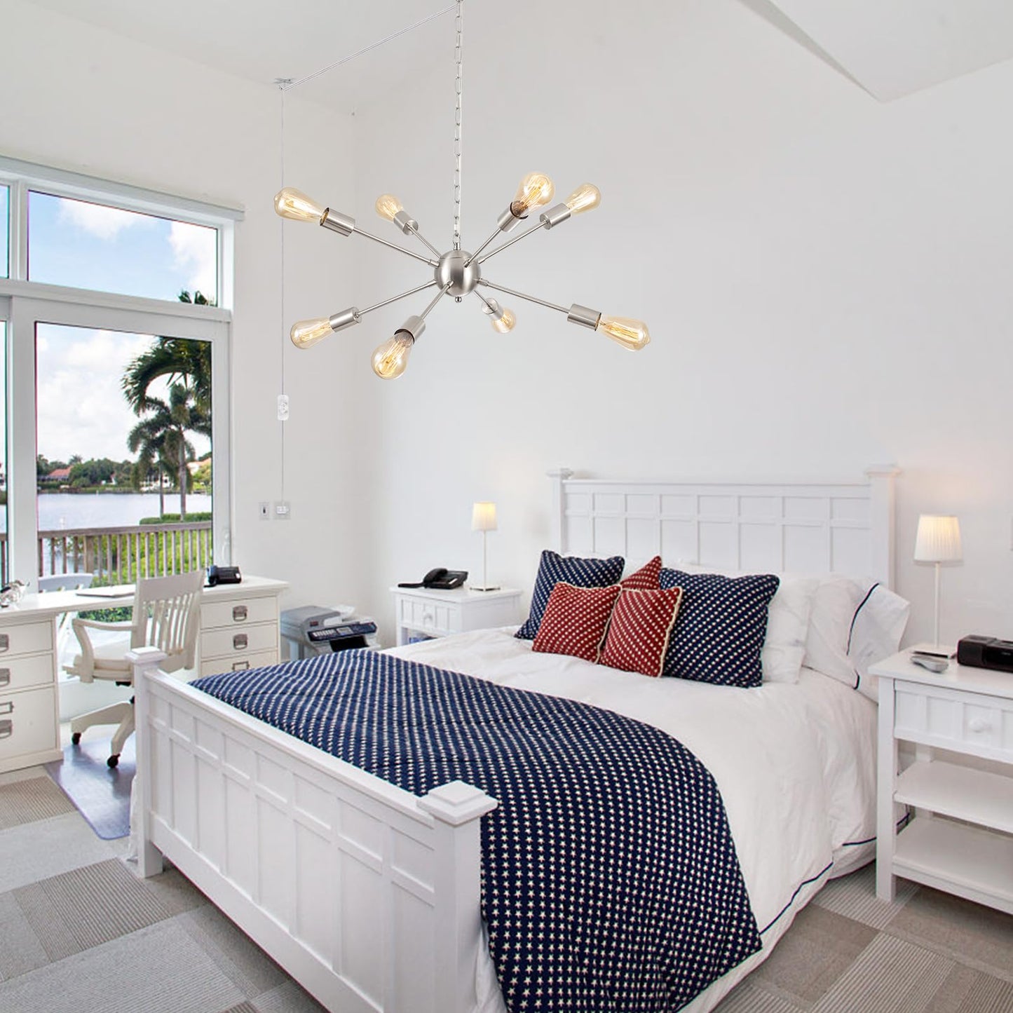 LJHhowe Plug in Chandelier 8 Lights Pendant Light Hanging Lights Fixture Ceiling with Plug in Cord 16.4ft & On/Off Switch Brushed Nickel Sputnik Chandelier for Dining Living Room Kitchen Foyer