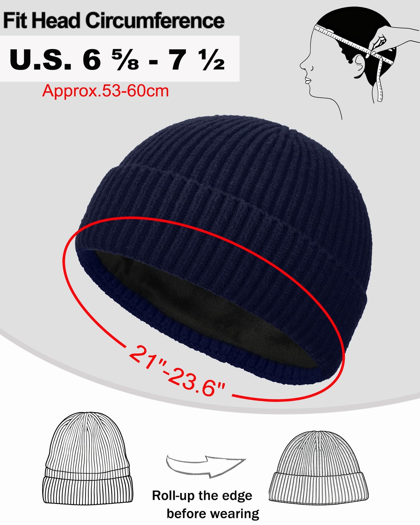 Simapu Short Wool Fisherman Beanie for Men Women, Fleece Lined Trawler Beanies Knit Cuffed Winter Warm Hat Womens Skull Cap, Navy Blue