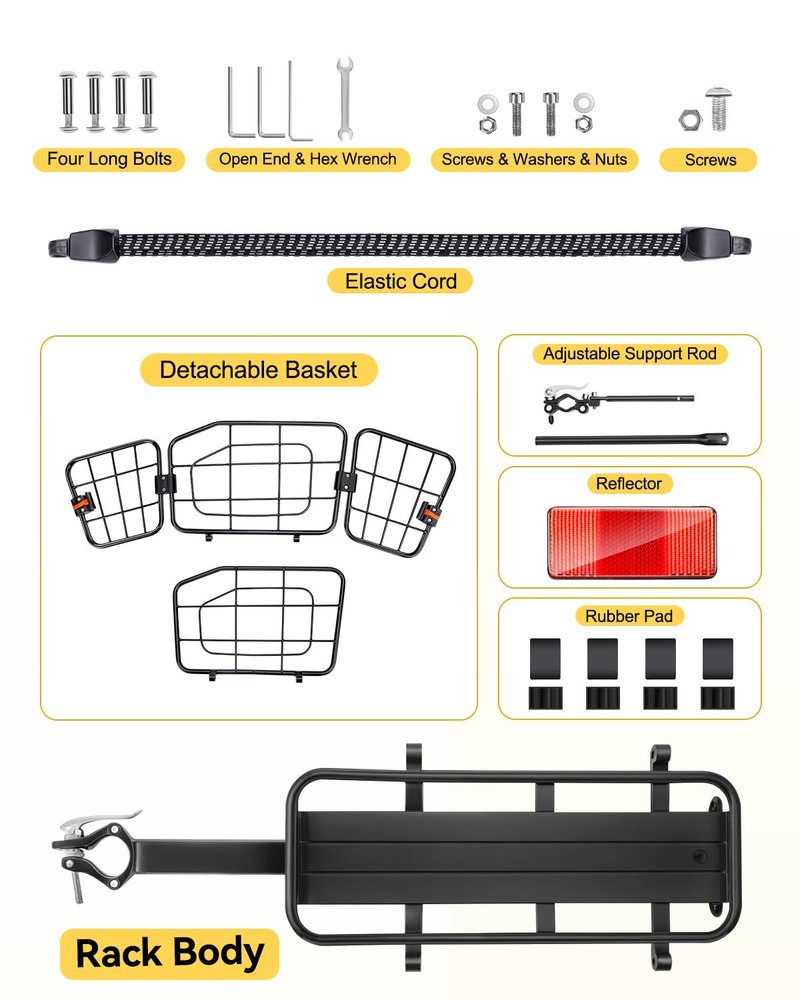 EQIIO Rear Bike Rack with Foldable Basket – 22L, Quick Release Bike Cargo Rack Aluminum Alloy & 165LB Load, Adjustable Bicycle Rack with Reflector & Installation Tool & Free Bungee Cord, Waterproof