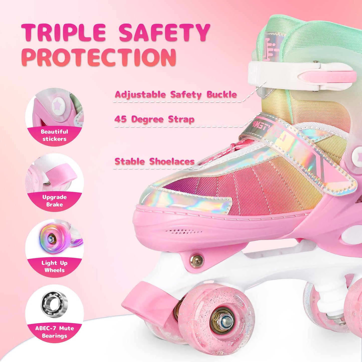 LEVYTEMP Rainbow Roller Skates for Girls Kids, Gradient Pink 4 Size Adjustable Quad Skates Size Medium Ages 6-12 with All Light Up Wheels for Kids Youth Outdoor Indoor