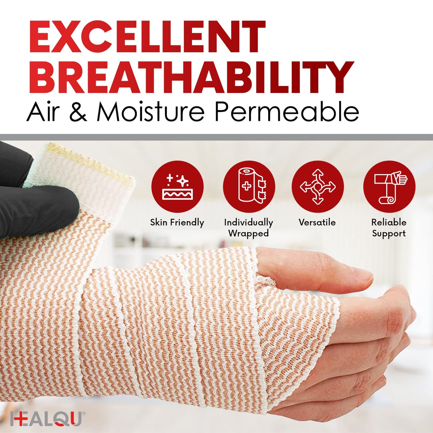HEALQU Premium Elastic Bandage - Self-Closure Compression Wrap for Legs, Knees, Ankles, Wrists, Elbows, Shoulders - 6 Inch by 5 Yards, Box of 10 Rolls Athletic Stretchable Bandage Wrap