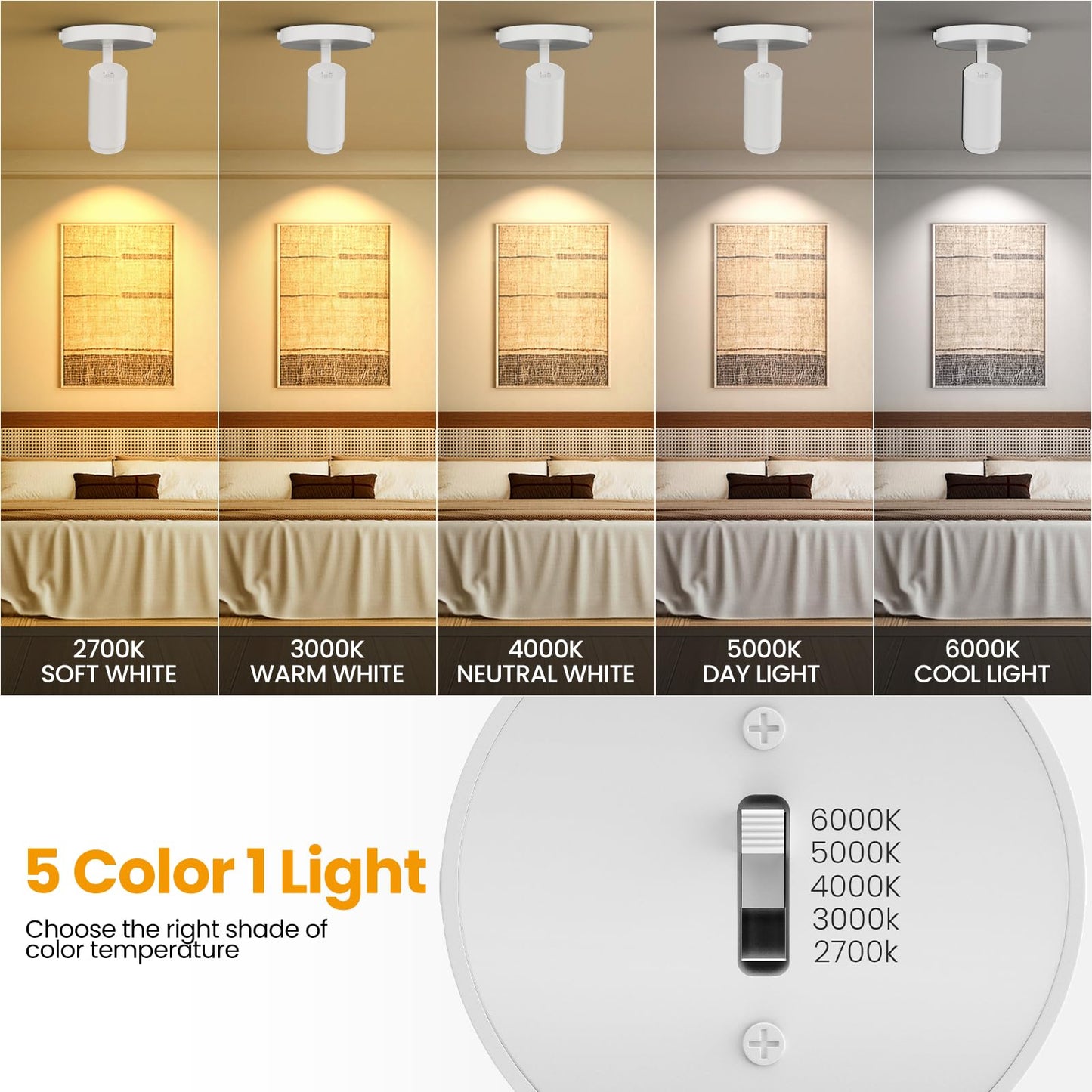 AIBISOD 5-Color Zoomable Ceiling Spot Lights Indoor Fixtures 15-60° Adjustable Beam Angle, Dimmable 10W Directional Ceiling Spotlight Flush Mount for Living Room Bedroom Kitchen White 2 Pack