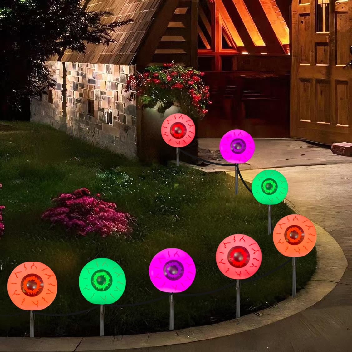 Outdoor Halloween Decorations Pathway Lights, 7Ft Halloween Eyeballs Pathway Markers String Light Waterproof with 4 LED Scary Eyeballs Stakes Lights for Outdoor Walkway Yard Lawn Garden