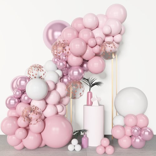Amandir 153-Piece Pink & White Balloon Arch Garland Kit - Pastel Latex & Metallic Confetti Balloons for Weddings, Showers & Birthdays