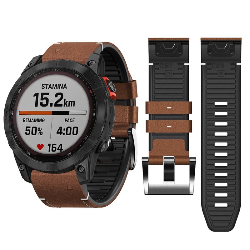 Abanen Quick Fit 26mm Leather Watch Bands for Garmin Instinct 2X / Fenix 7X / Fenix 6X / Fenix 5X, Fiber Leather with Silicone Lining Stitches Soft Sweat-proof Wrist Strap for EPIX Pro 51mm (Brown)