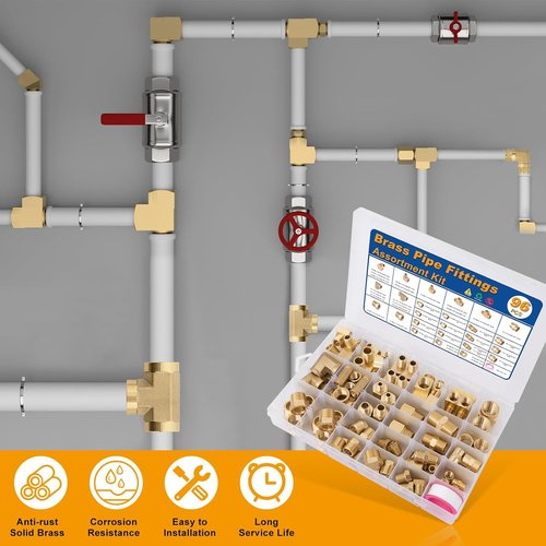 KOOTANS Brass Pipe Fittings Assortment Kit - 96PCS NPT Adapters, Reducers, Elbows & More