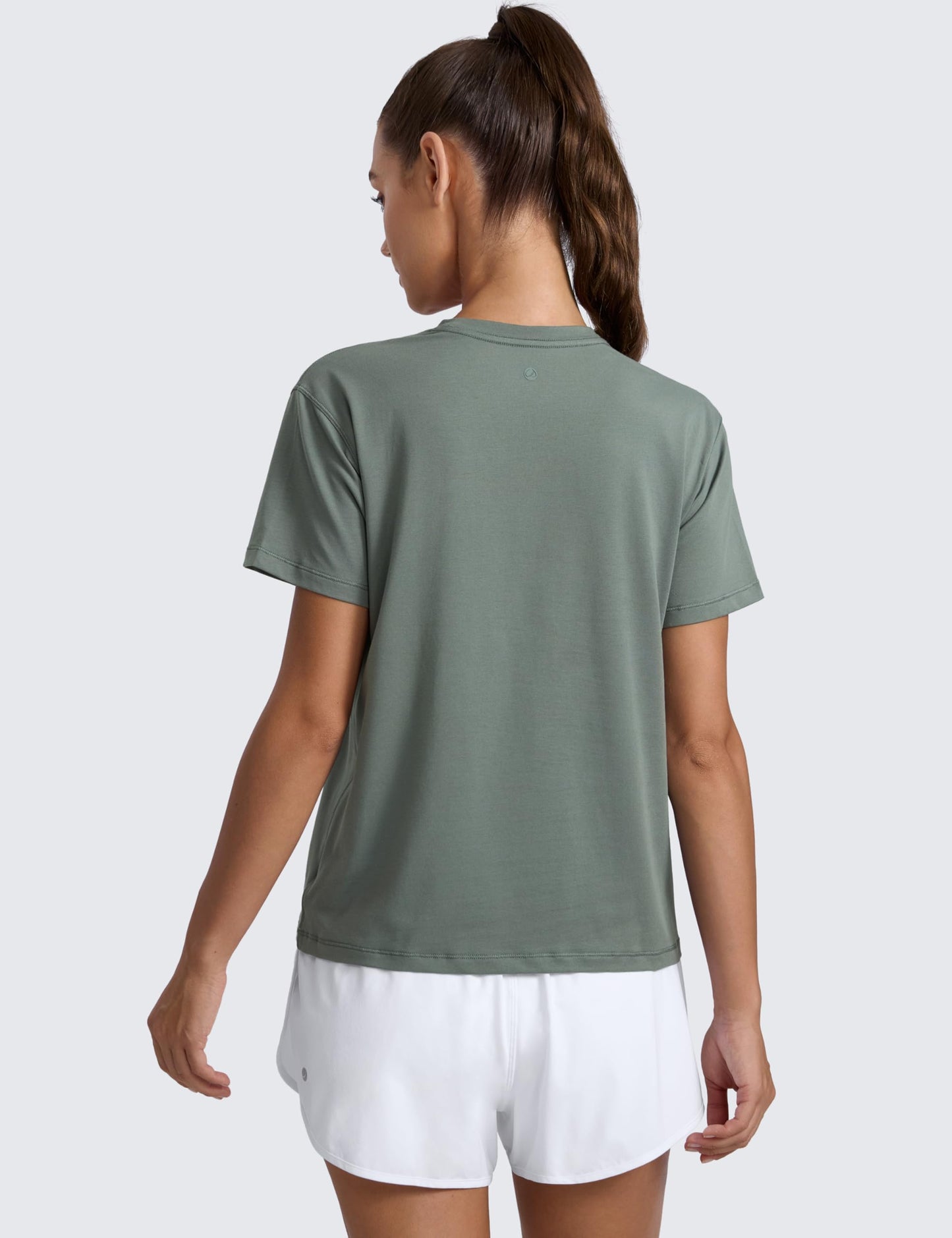 CRZ YOGA Cotton-Blend Crewneck Tops for Women - Workout Gym Athletic Casual Short Sleeve Shirts Quick Dry Basic T-Shirt Grey Sage Medium