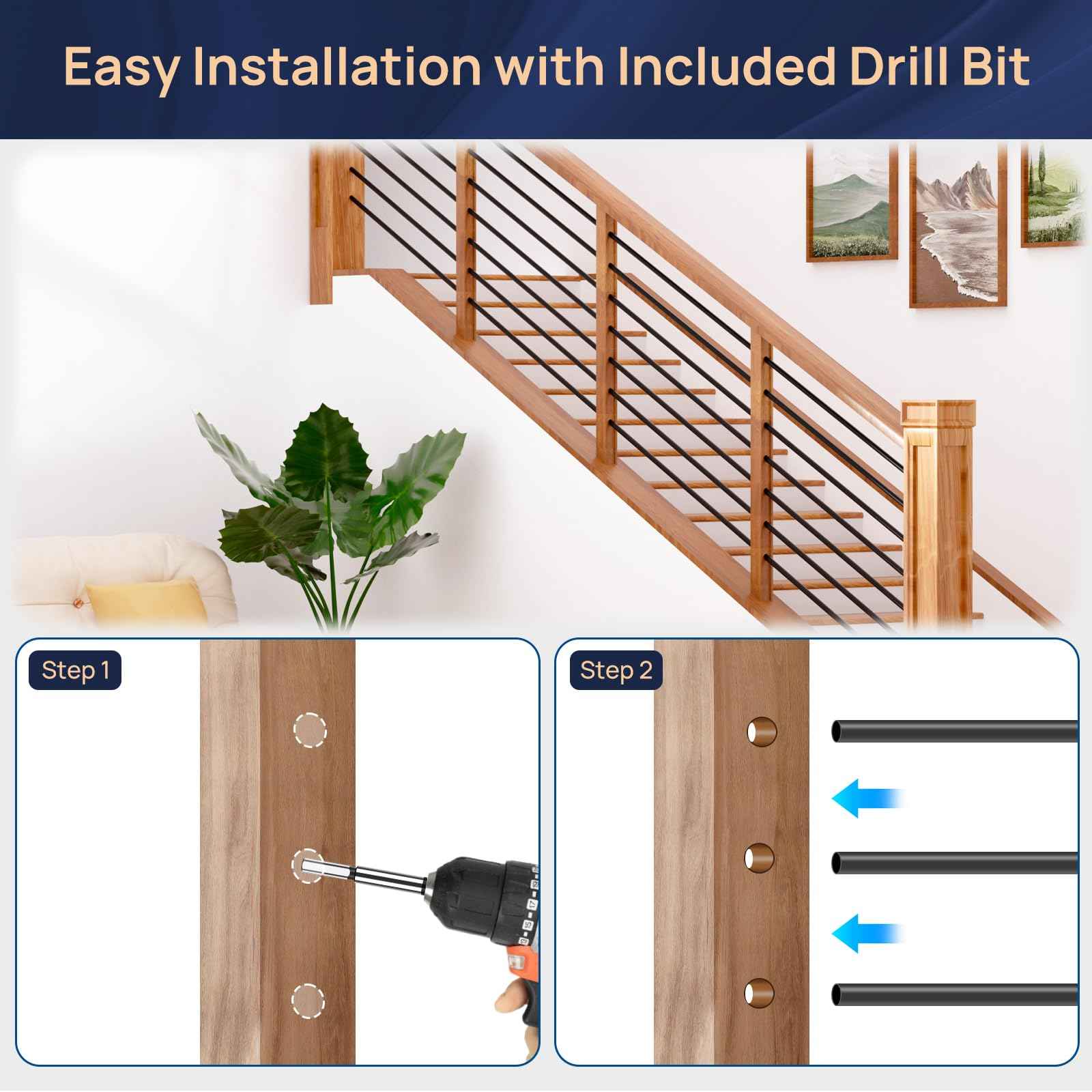 7 Pack 4.7 FT x 19/32 inch Aluminum Balusters for Deck Railing, Horizontal Stair Baluster with Wood Drill Bit Hollow Round Black Staircase Bar Spindles for Indoor Outdoor Railing