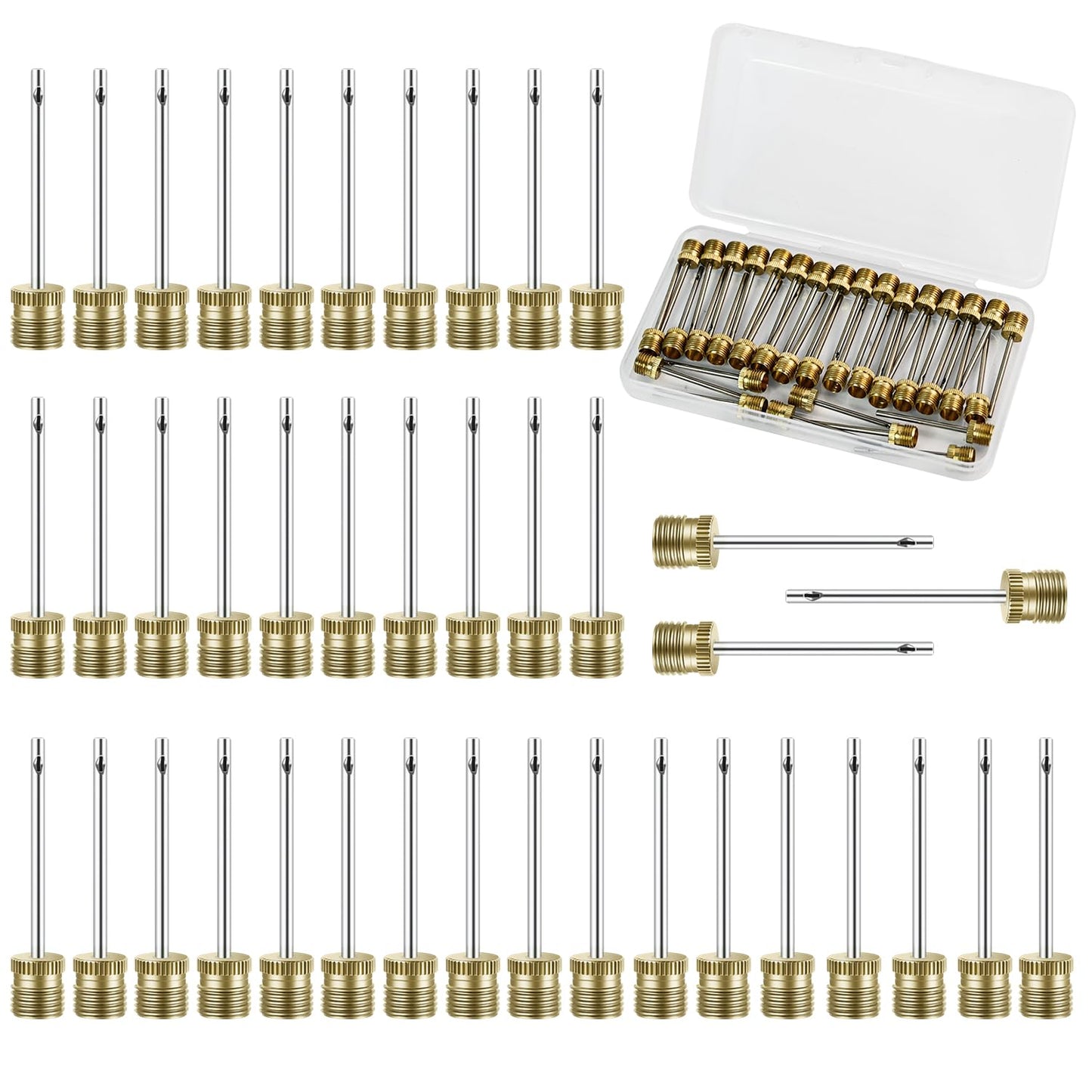 Quadafy 42 Pack Brass Ball Pump Needles with Storage Case - Heavy Duty No Break Air Pump Needles for Basketball, Hand Pump & Electric Pump, Stainless Steel Body