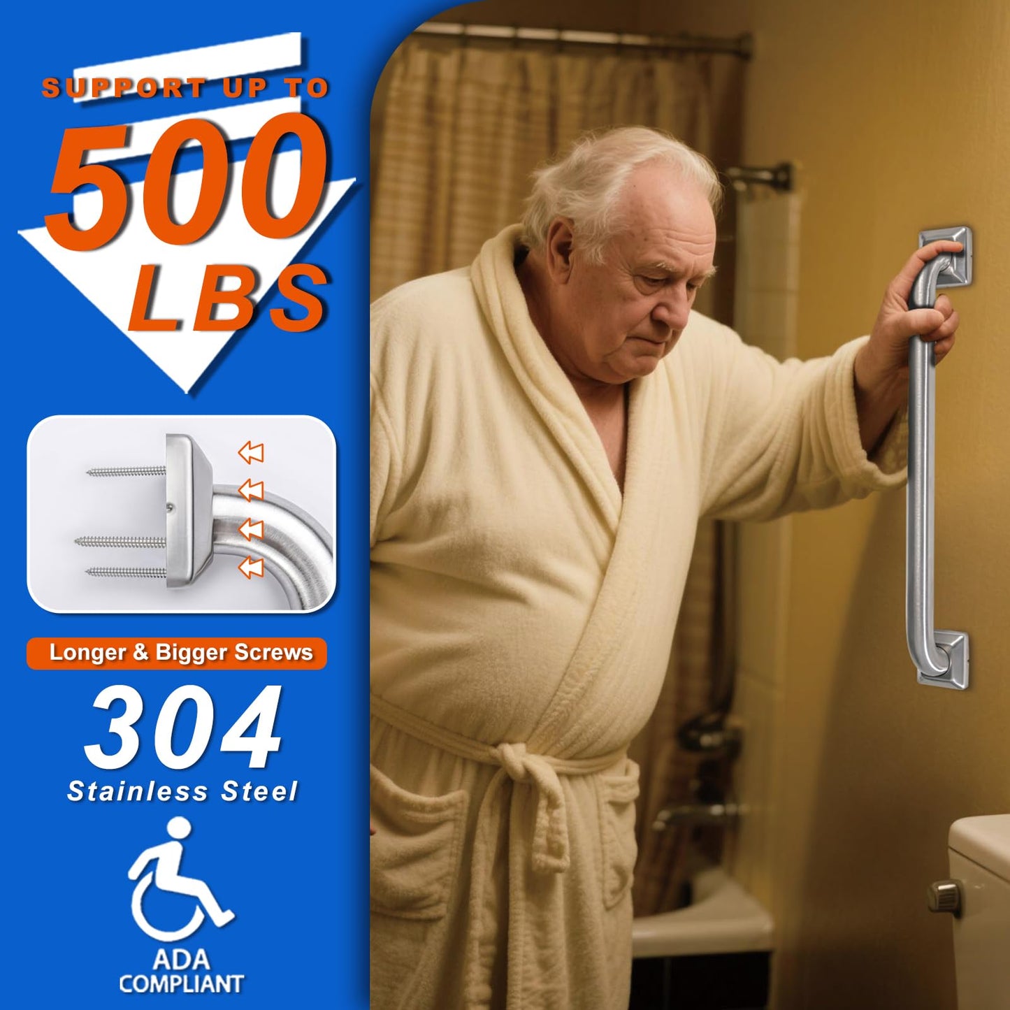 Bathroom Grab Bars Stainless Steel Handrail ADA Compliant 500lbs bathtubs and Showers Toilet Handle Safety for Handicap, Elderly, Disabled, Injury (18inches 2 Pack)