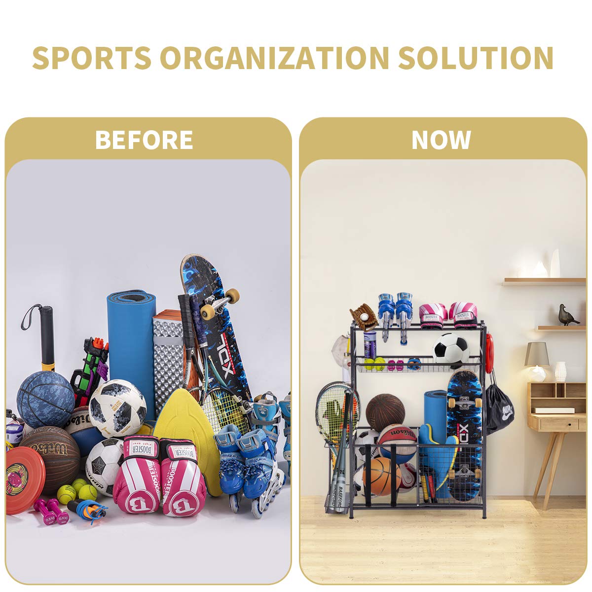 toutnd Garage Sports Equipment Storage Organizer with Baskets and Hooks - Easy to Assemble - Sports Ball Gear Rack Holds Basketballs, Baseball Bats, Footballs, Tennis Rackets and More (Black Rigid)