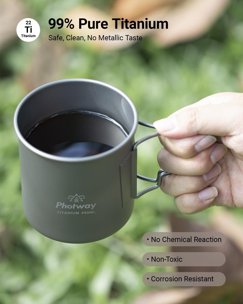 photway Ultralight Titanium Camp Mug with Lid 450ml (15.2oz), Single-Wall Coffee Mug Cup for Backpacking, Camping, Hiking & Open Fire Use