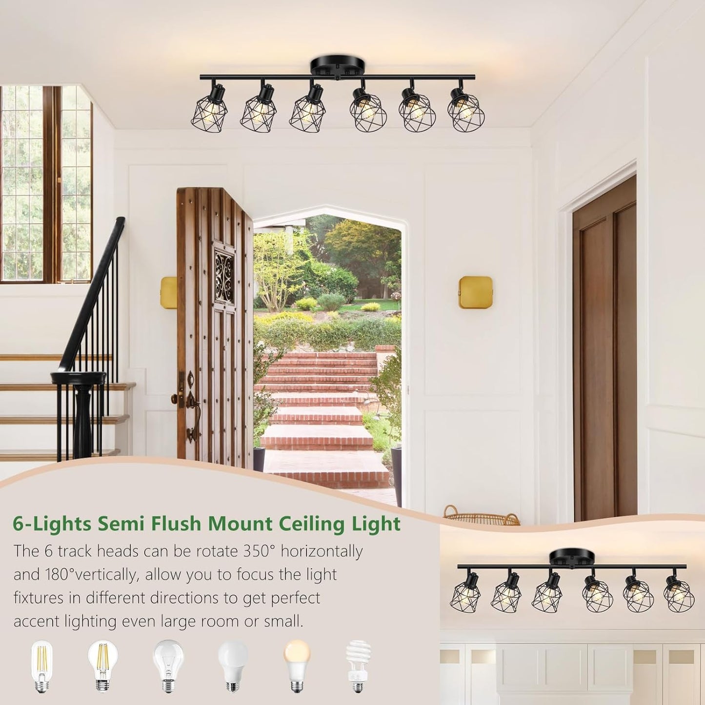 Adjustable 4-Light Semi Flush Mount Ceiling Light with Metal Cage - Farmhouse Style for Dining & Living Rooms