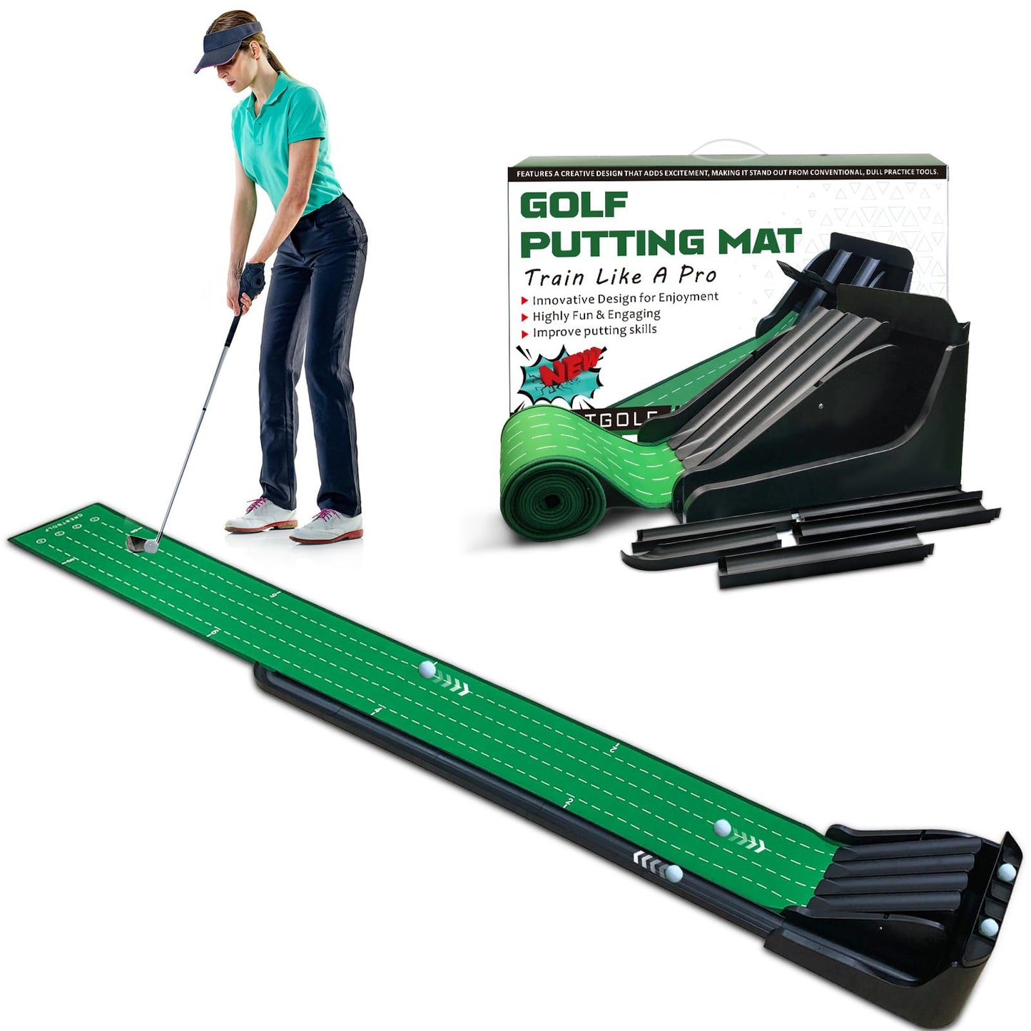 Crestgolf Golf Putting Mat, Automatic Ball Return with 4 Flipping Tracks & 2-Player Mode, Professional Non-Slip Practice Putting Green Mat for Indoor Golf Training, Improve Putting Skills