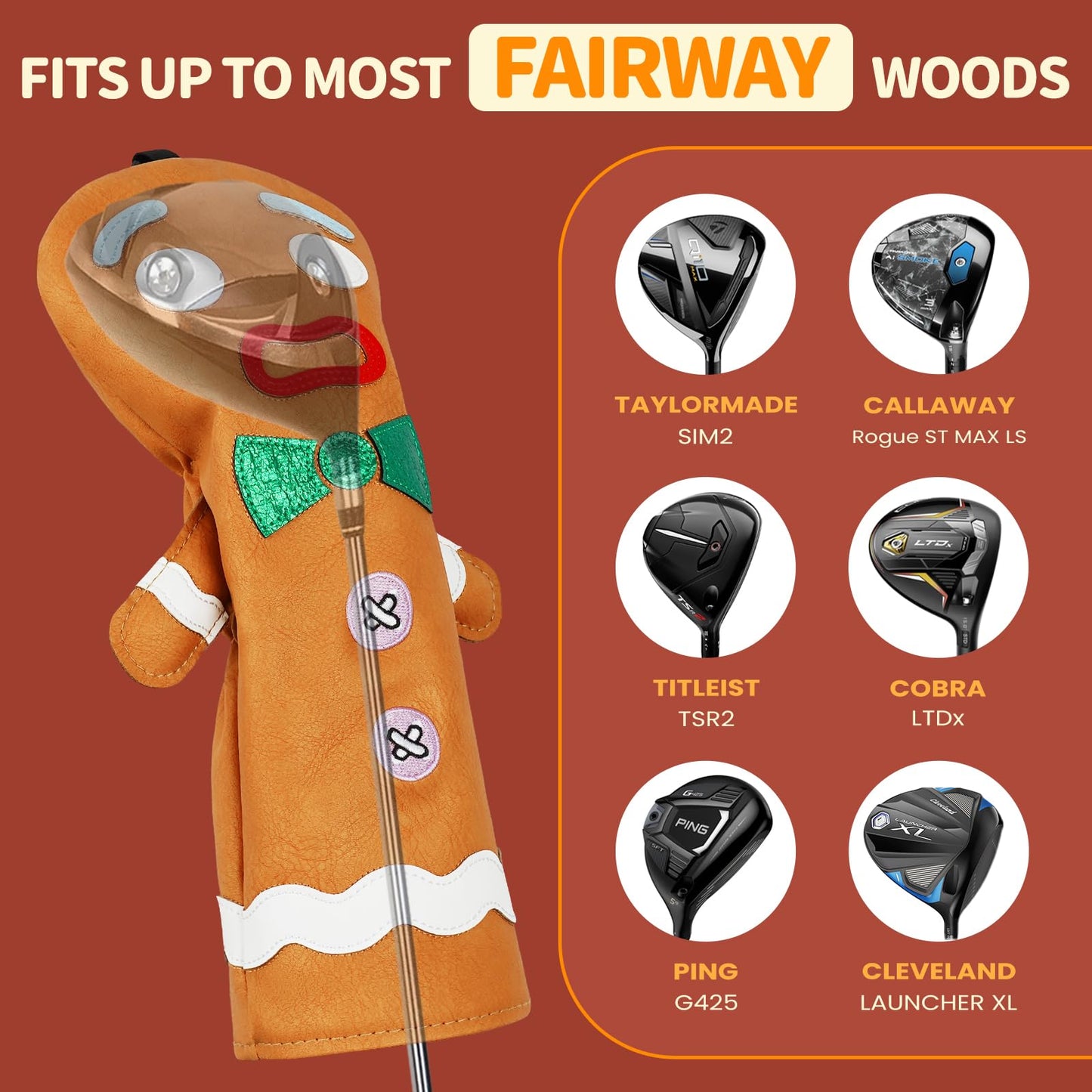 LZFAN Funny Golf Club Head Cover Driver Headcover Fairway Wood Headcover Hybrid Club Head Cover Brown Monster Cookie Fairway