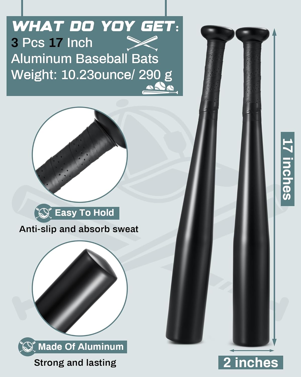 Simgoing 3 Pcs Aluminum Baseball Bats - 17-Inch One-Handed Training & Self-Defense Tools