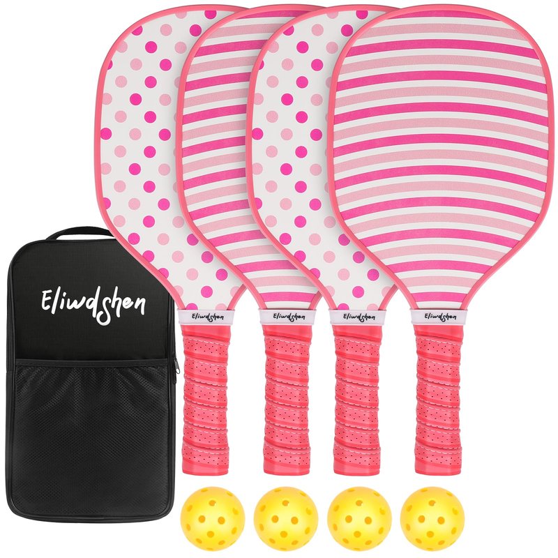 Eliwdshen Pickle Paddles Set of 4, Premium Wood Pickleball Paddles with 4-40 Holes Pickleball Balls and Carry Bag, Wood Pickle Rackets for Adults, Kids and Beginners (Pink)