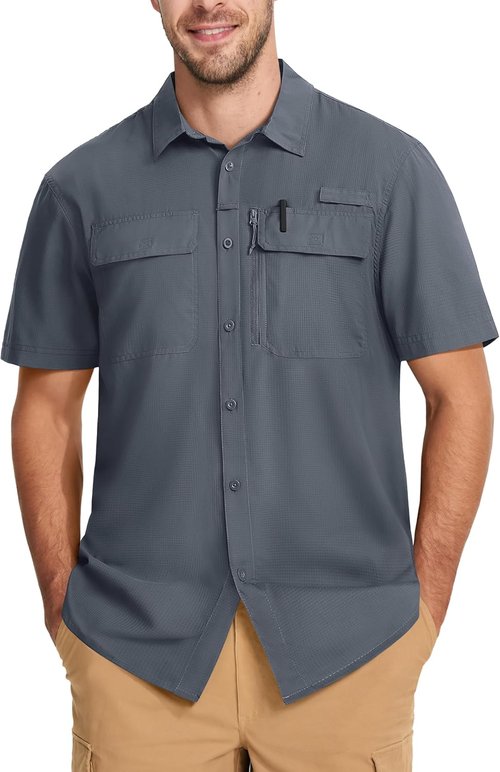 MAGCOMSEN Men's Fishing Shirt - UPF 50+ Sun Protection, Quick-Dry, Short Sleeve | Ideal for Hiking & Safari