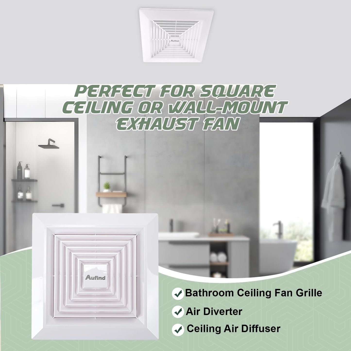 Aufind 11"x11" Bathroom Exhaust Fan Cover with Spring - Heavy Duty Plastic Ventilation Grille, Easy Install Spring-Loaded Design for Ceiling or Wall Mounted Fans